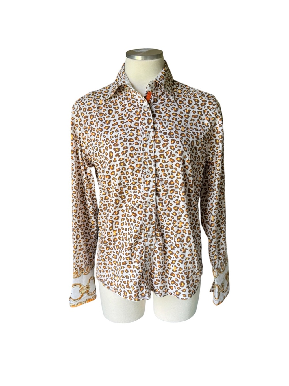 Tizzie Leopard-Print Button-Down Shirt in White and Brown
